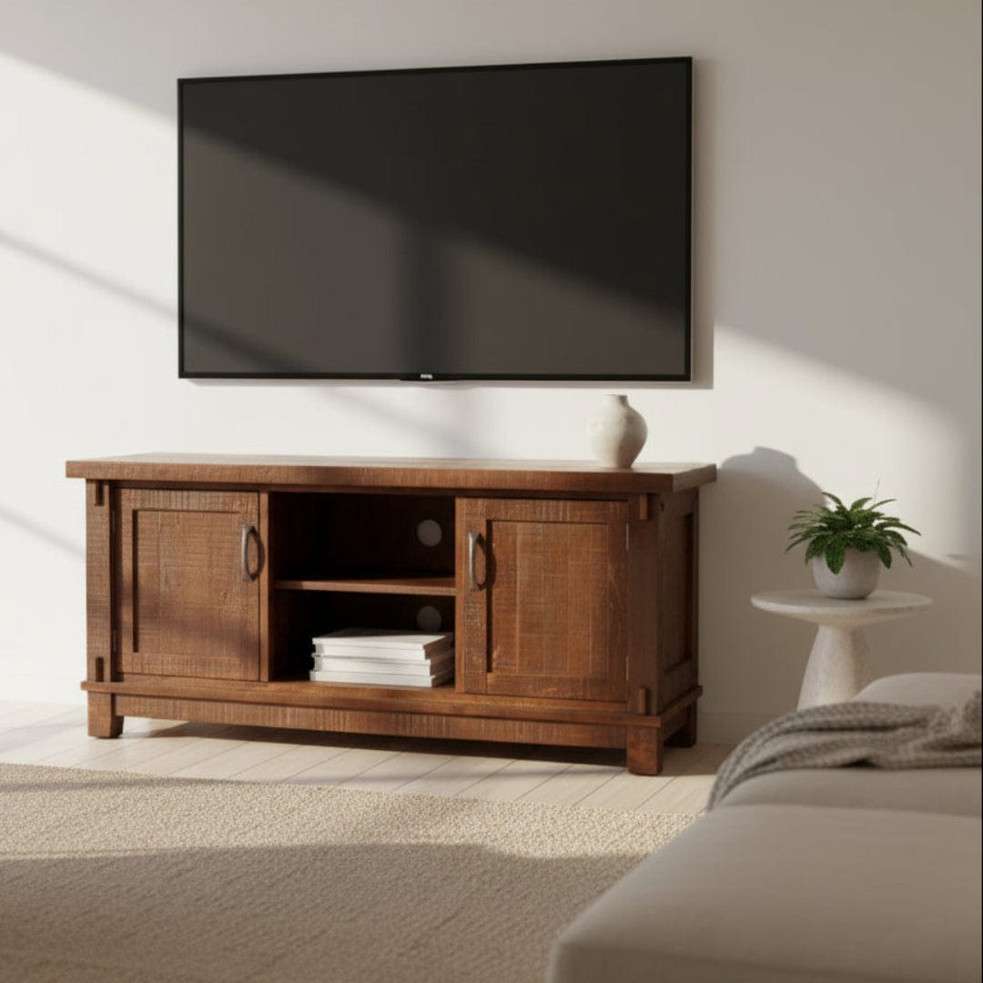 Wooden TV stand on a white background