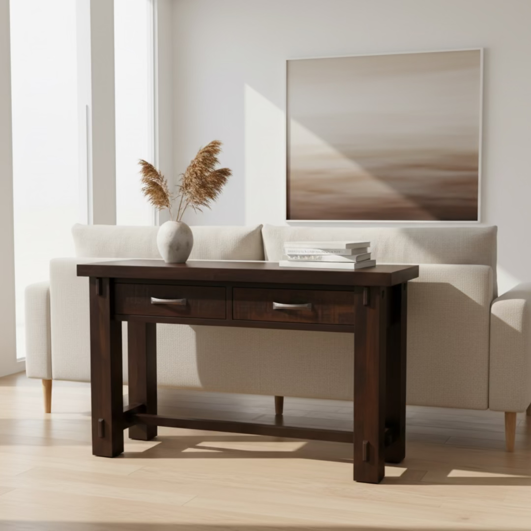 Dark wooden console table with two drawers on a light gray background