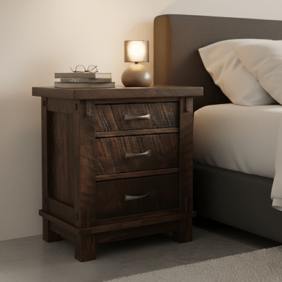 Canadian made 3 drawer Timber nightstand shown in a Millsawn texture
