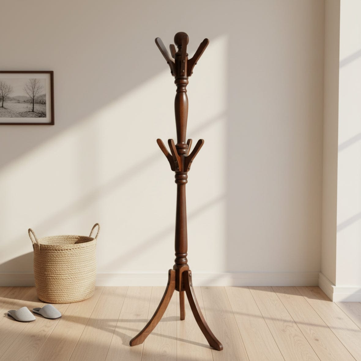 Wooden coat stand with multiple hooks on a gray background