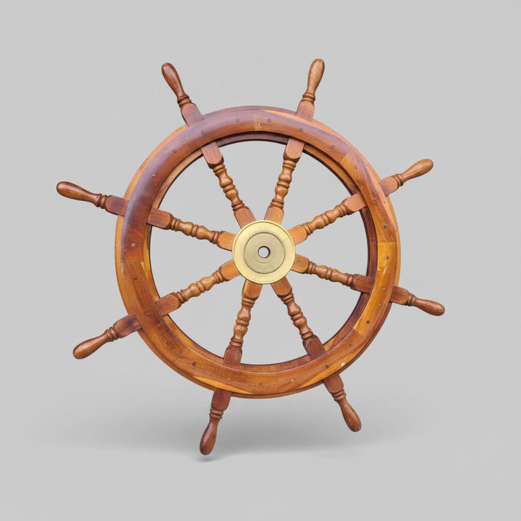 A wooden ship's wheel with a polished warm brown finish and a brass center hub, photographed against weathered gray wooden planks and a light concrete wall.