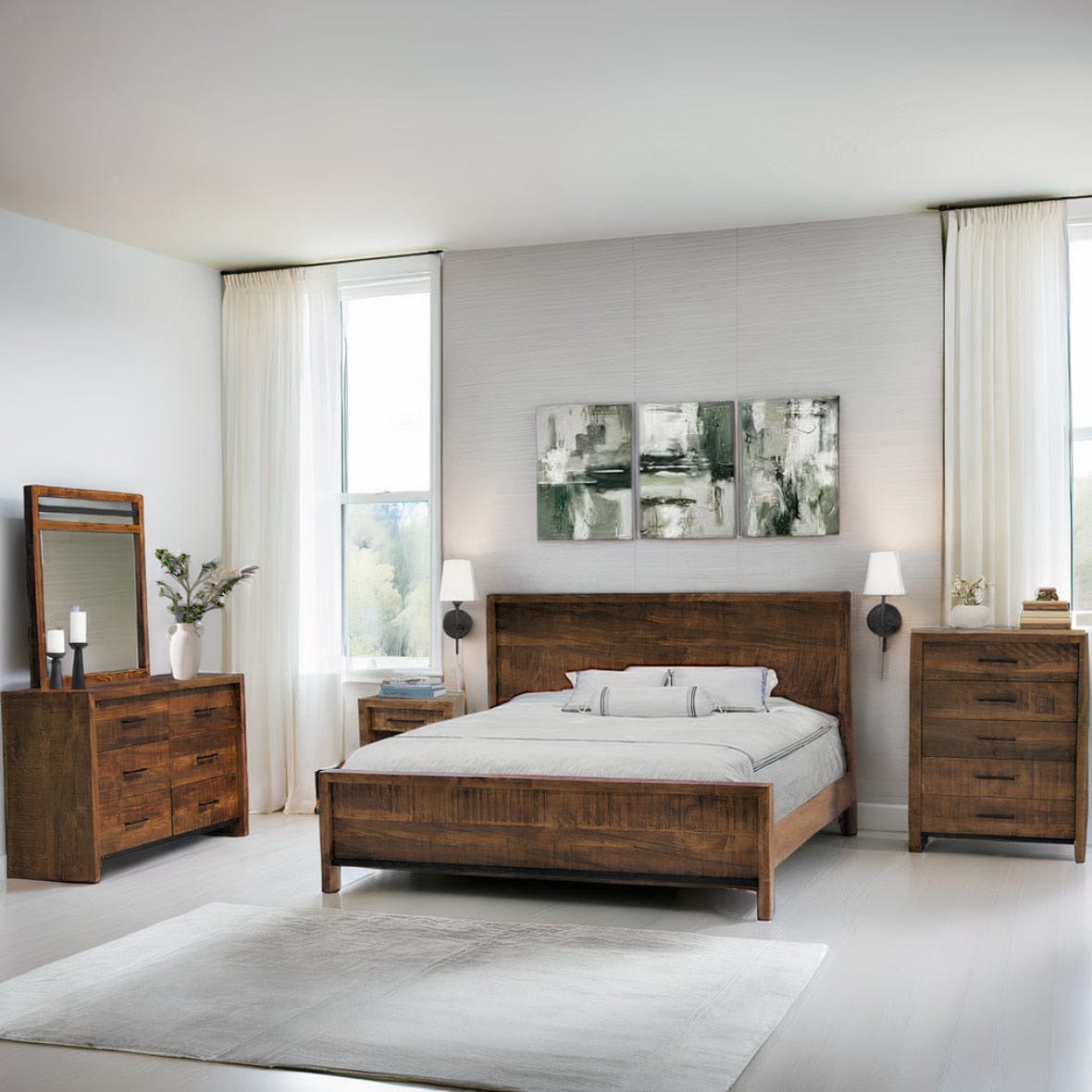 Wooden bedroom furniture set with bed, dressers, and mirror in a bright room.