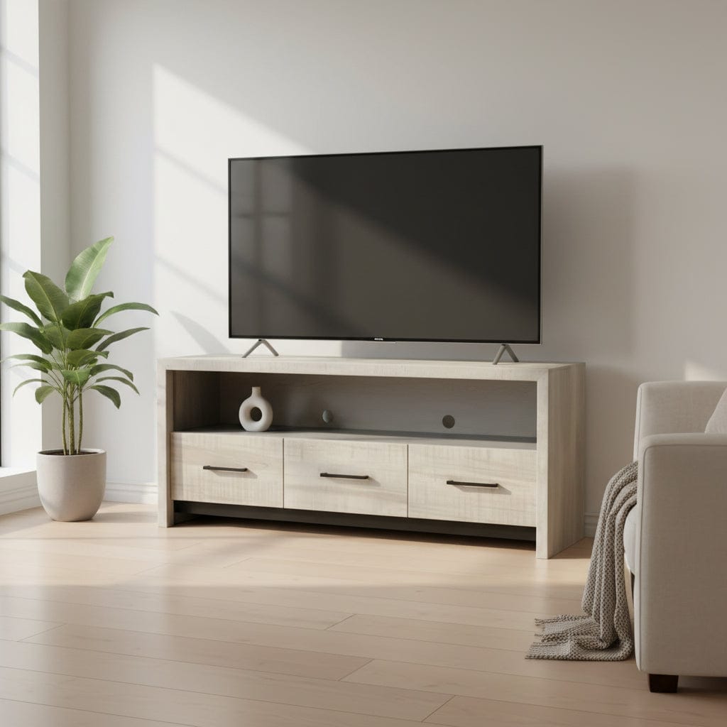 Wooden TV stand with three drawers on a white background