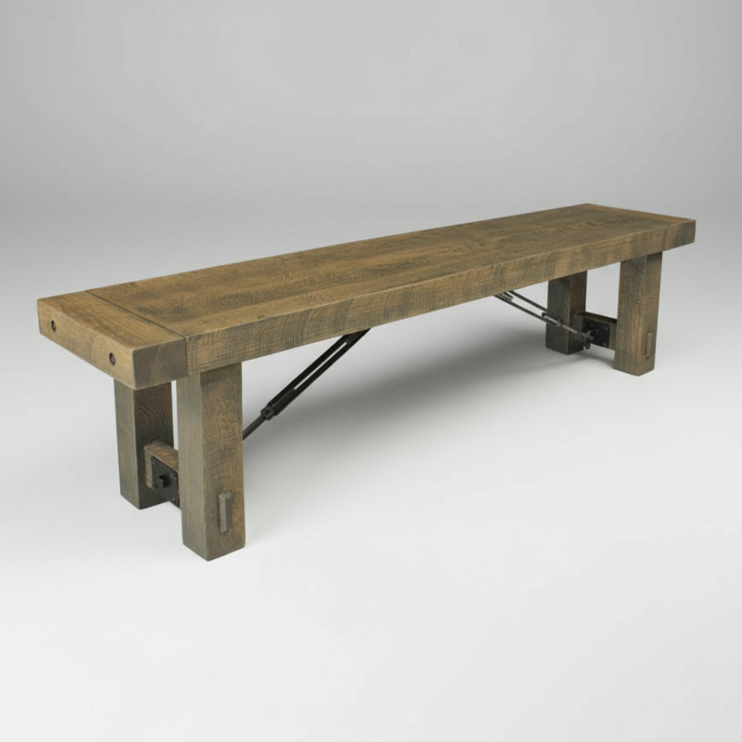 A wooden bench with a turnbuckle accent, made of Canadian solid wood, with a natural wood finish.