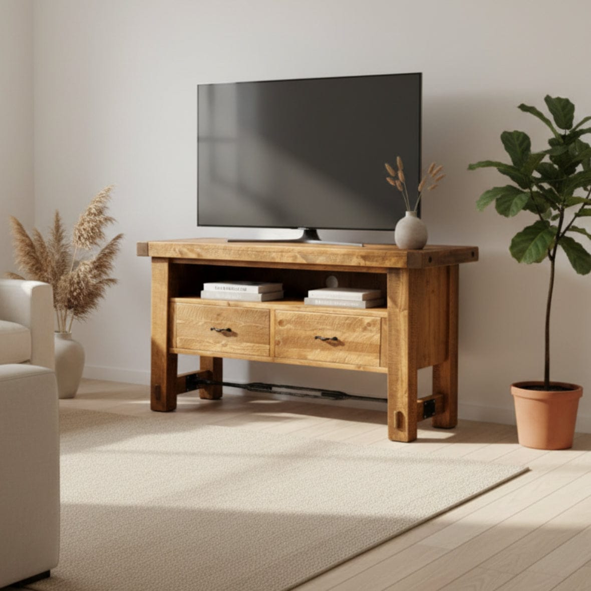 Wooden TV stand with two drawers on a gray background