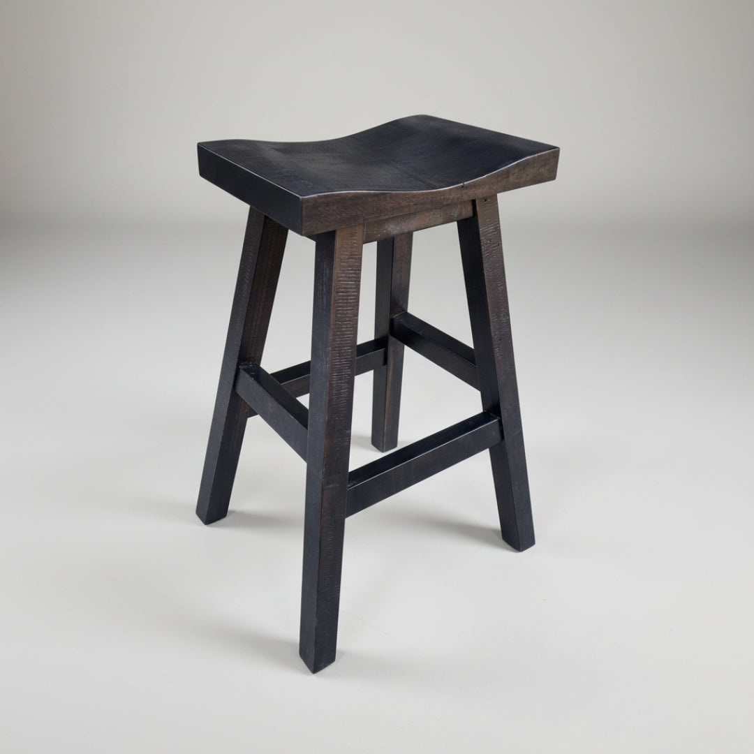 A black Yukon saddle stool with square legs and a scooped seat, made of solid wood.