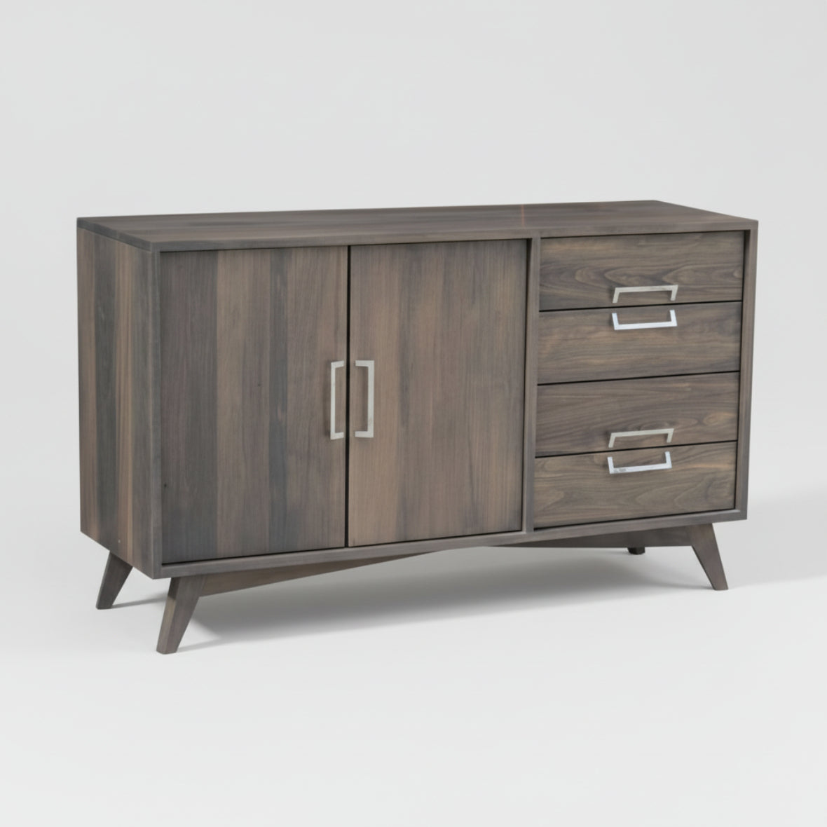 A sleek mid century modern sideboard made of Canadian solid wood, featuring a windswept wood texture. The piece includes two doors on the upper section and three drawers with metal handles on the lower section, set against a white background.