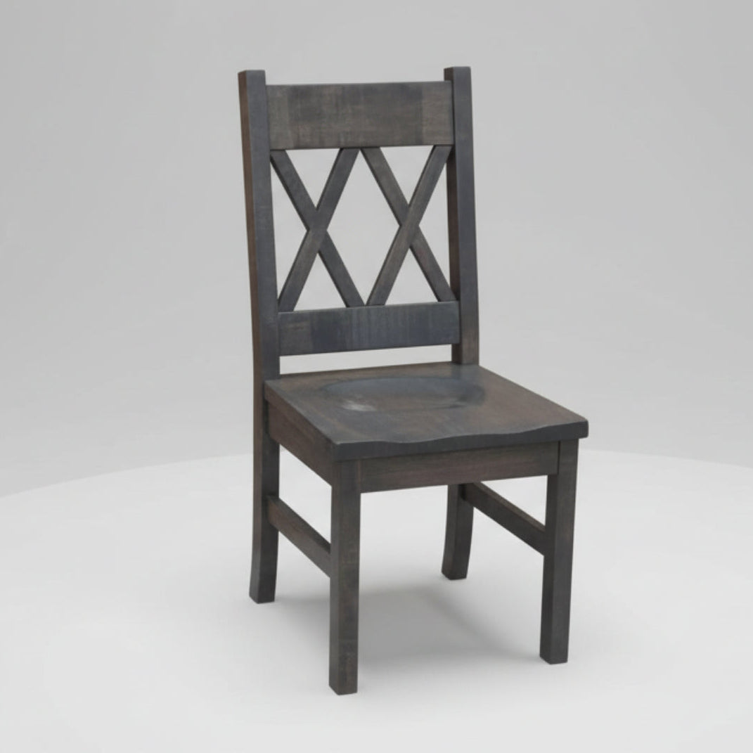 A Canadian made solid wood chair with a dark finish, featuring a simple design with a backrest and seat.