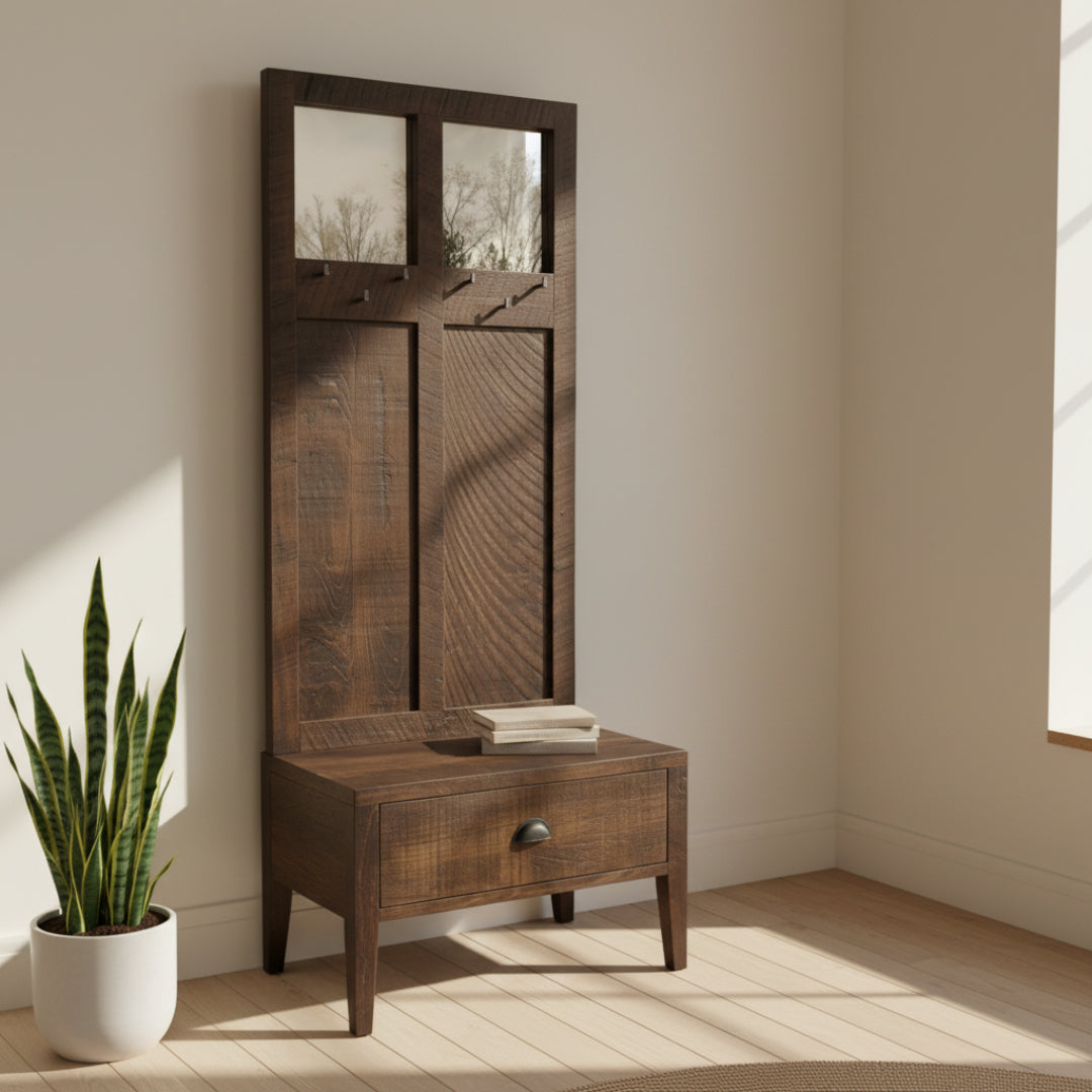 A rustic Dakota hall bench with mirrors, made of solid wood, with a saw mark texture finish.