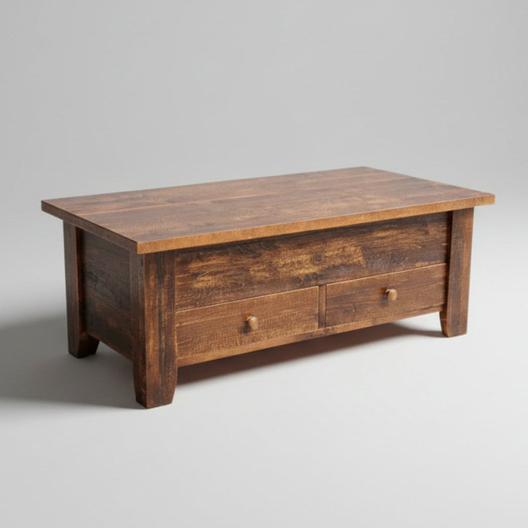 Wooden coffee table with a rustic finish on a gray background