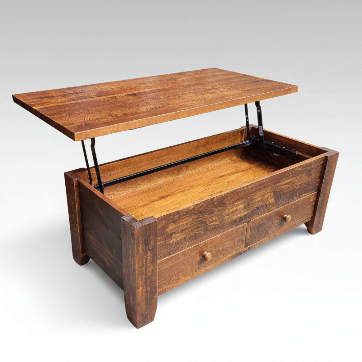 A rustic Dakota Pop Up Coffee Table made of solid wood, featuring a lift-top mechanism with visible saw marks and a wooden knob pull.