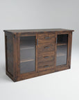 A wooden sideboard table with a chunky plank top look, featuring two doors and four drawers, with a sawn wood texture finish.