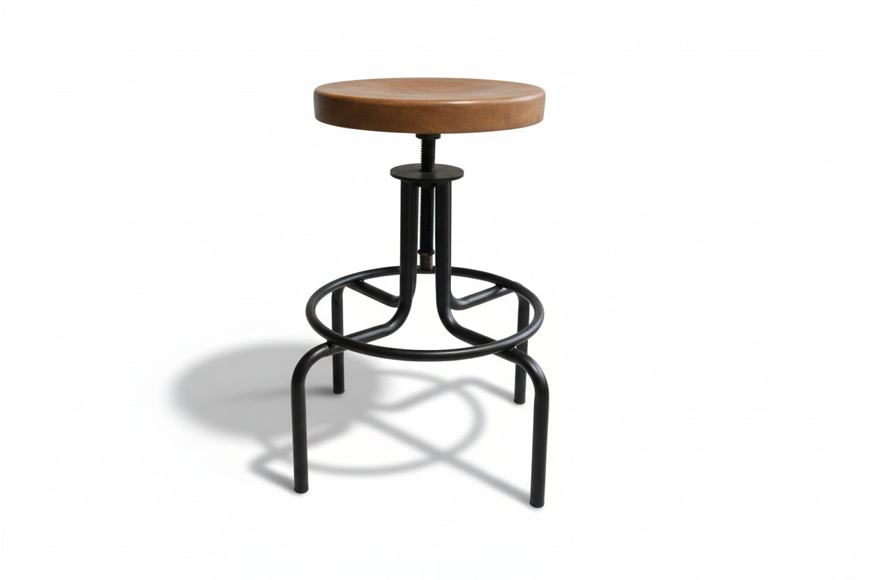 A swivel stool with a brown wooden seat and black metal base and footrest.