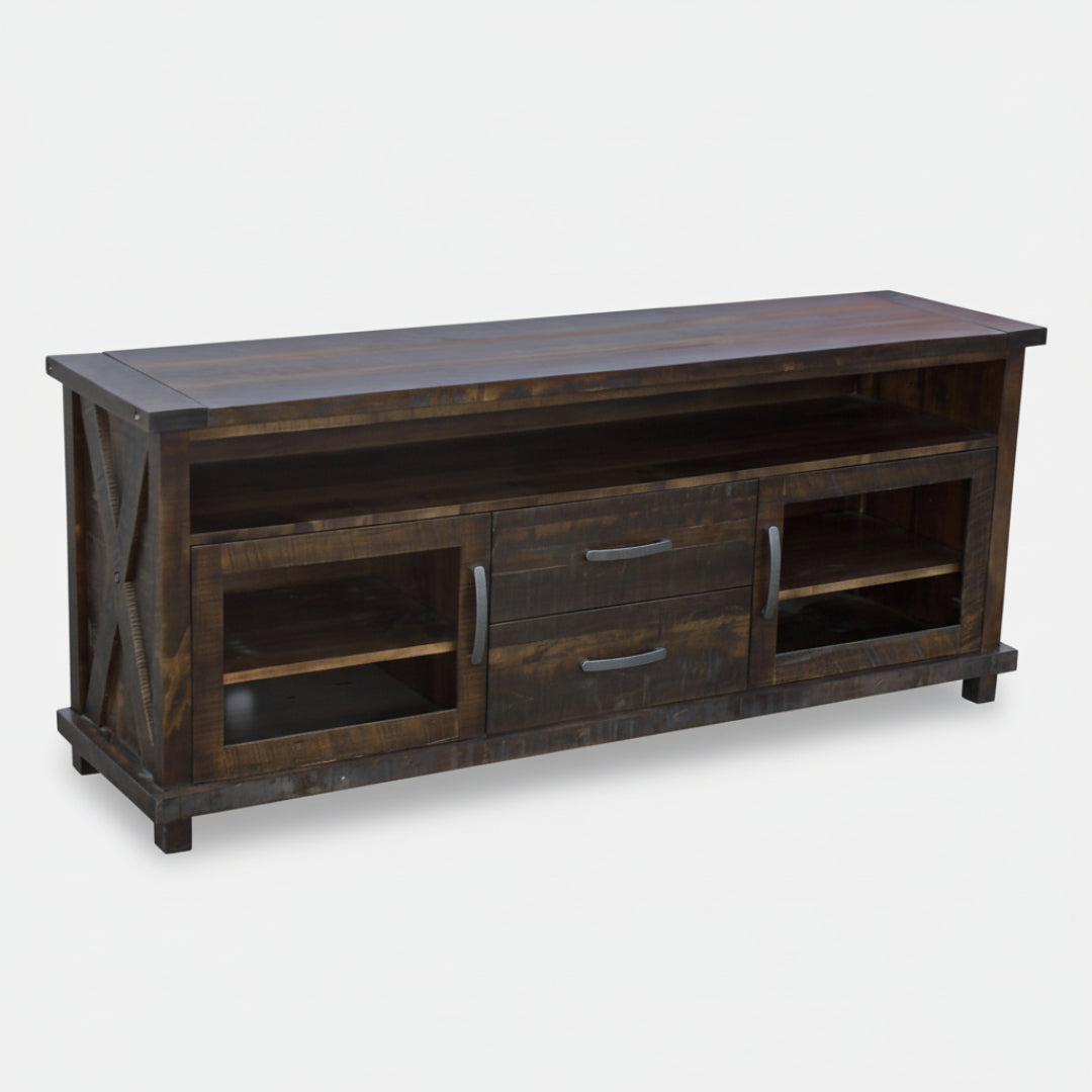 A Klondike Entertainment Unit made of solid wood, featuring a rustic style with a dark wood finish. The unit has multiple storage sections including drawers and open shelves.