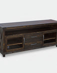 A Klondike Entertainment Unit made of solid wood, featuring a rustic style with a dark wood finish. The unit has multiple storage sections including drawers and open shelves.