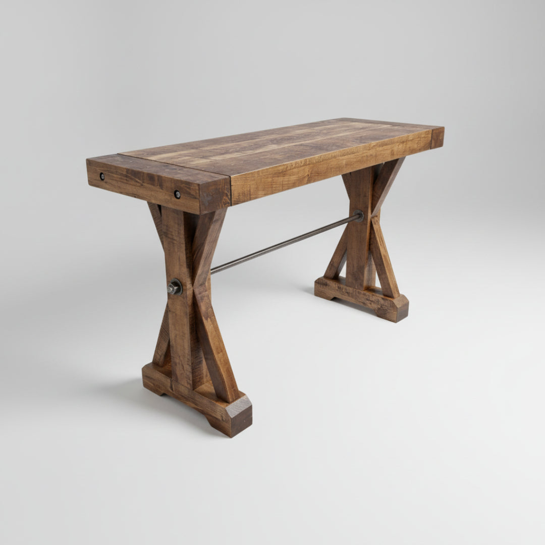 A rectangular Klondike sofa table with a rustic design, featuring metal rod support and made from solid wood.