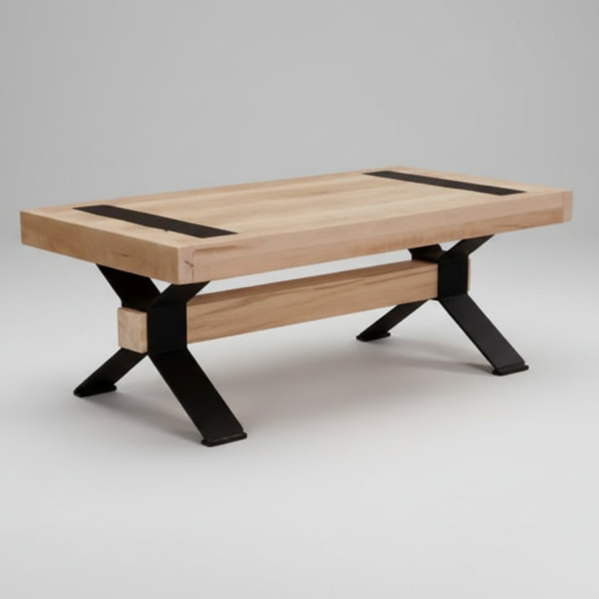 A rectangular coffee table with black metal legs and a wood top, featuring a unique table top insert.