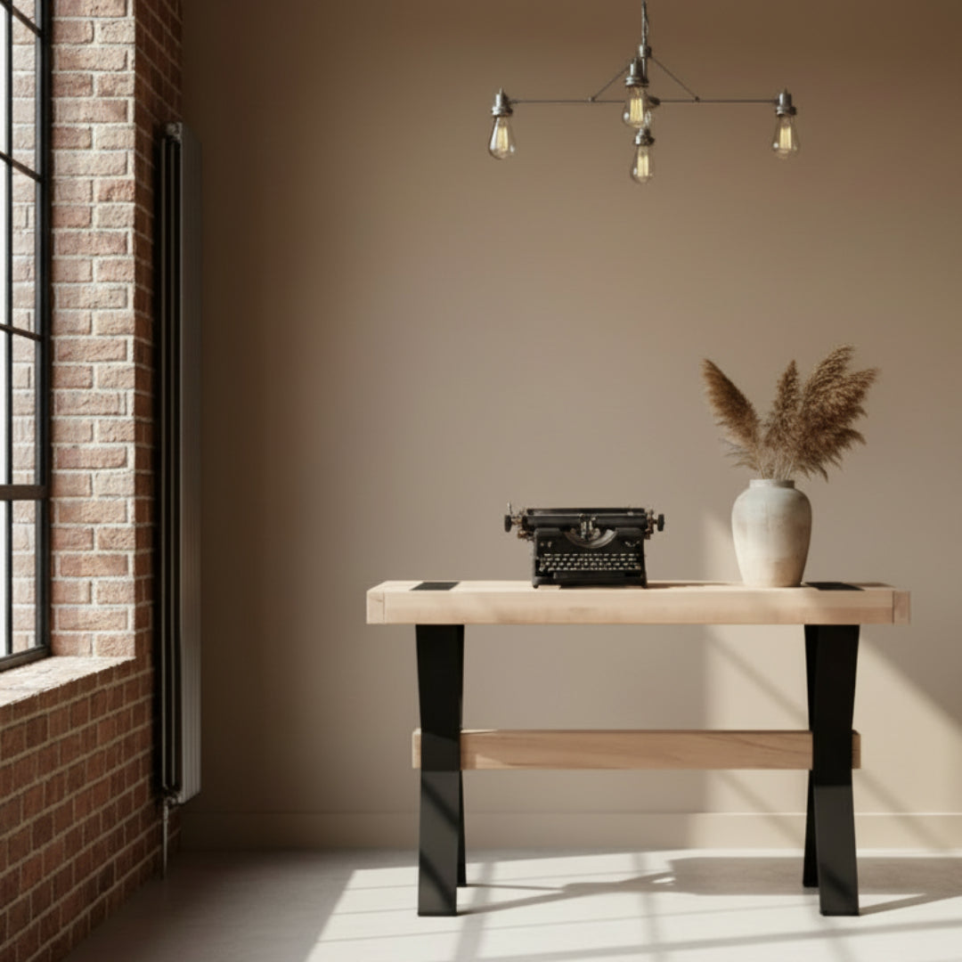A rectangular Millwright sofa table with black metal legs and a wood top, featuring a unique table top insert.