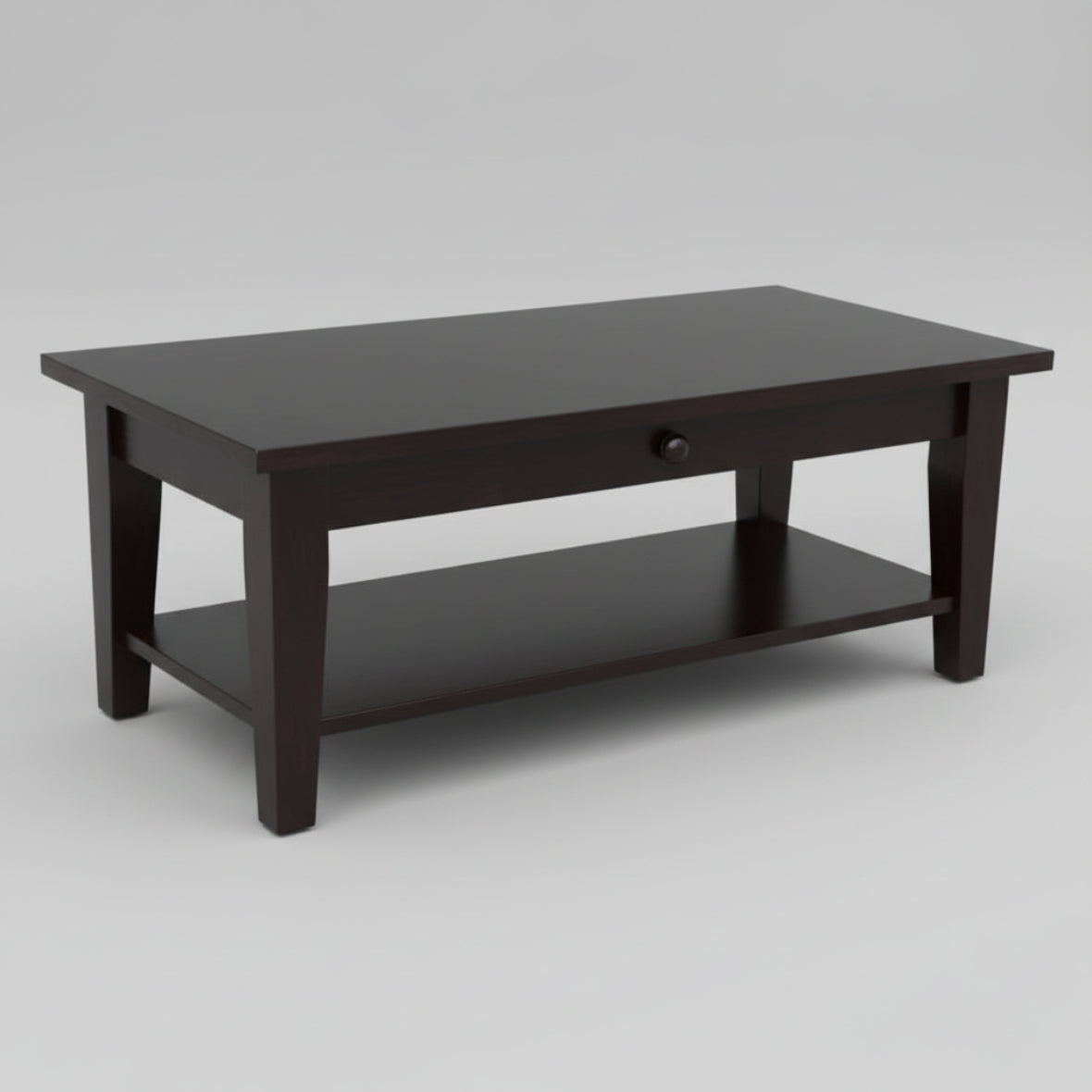 A rectangular, dark brown coffee table with a drawer and a lower shelf, featuring a rustic design with tapered legs.