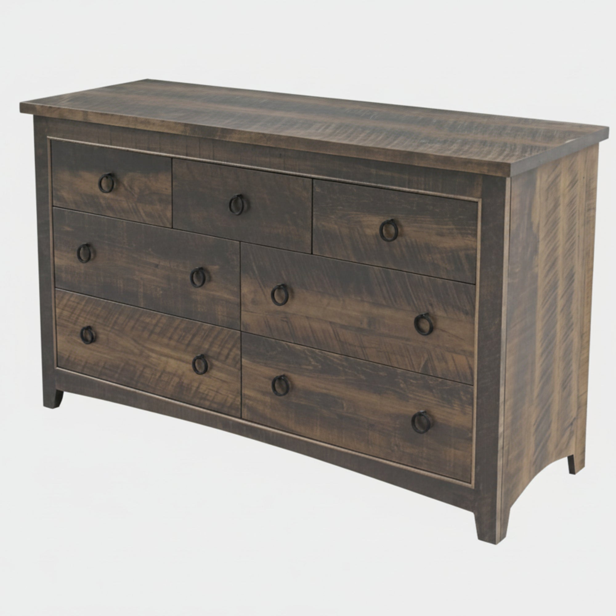 A brown wooden dresser with seven drawers, featuring a Millsawn wood texture finish and metal drawer pulls.
