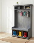 A rustic hall bench with storage cubbies and a seat, made from Canadian solid wood, with a standard wood texture.