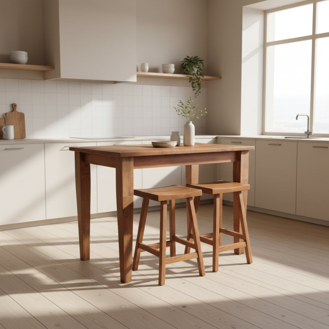 A rectangular Shaker style harvest table made of wood with tapered legs, accompanied by two wooden stools.