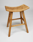 A square saddle stool with sturdy square legs and a curved seat made of Canadian solid wood.
