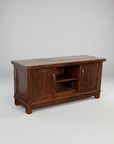 A rustic timber entertainment unit with two doors and a millsawn wood texture finish.